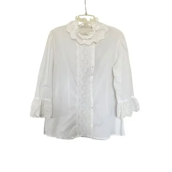 Anne Fontaine White 3/4 Bell Sleeve Embroidered Lace Ruffle Collar Blouse Sz 10 - Picture 1 of 10
